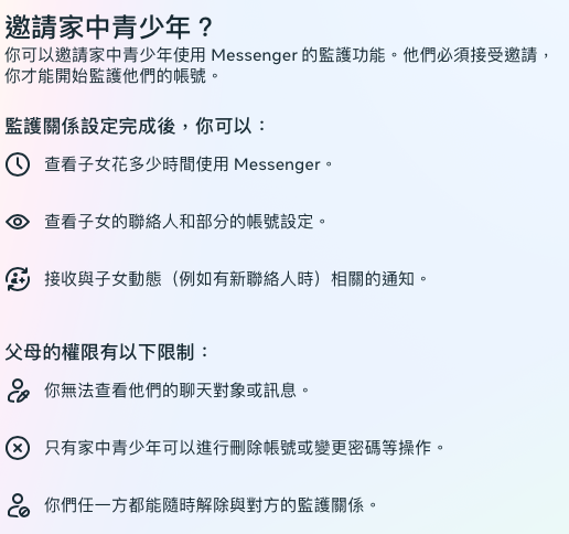 Messenger家長監護工具在今天正式上線，家長只需邀請家中青少年就可使用，不過為了維護青少年隱私，父母的權限也有3項限制。   圖：擷取自Meta「家庭中心」