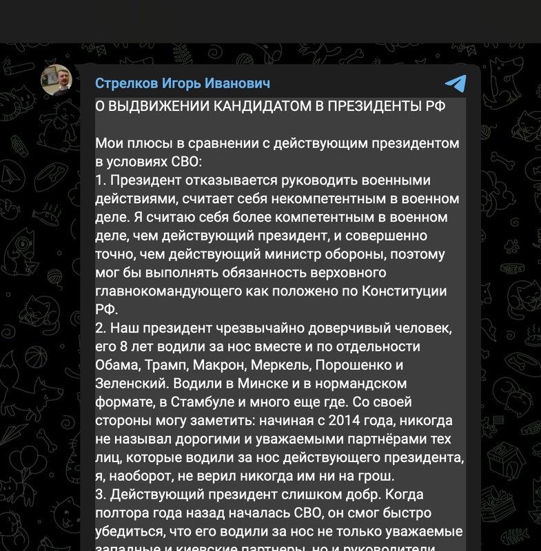 未料，他非但不以為意，30 日甚至發布自己的「參選聲明」。其中他諷刺普丁過於「仁慈」、「善良」，自己才會是稱職的最高統帥。   圖：擷取自葛金Telegram