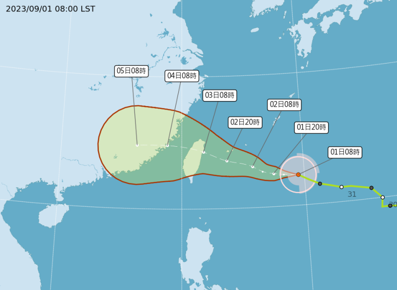 根據中央氣象局最新路徑顯示，海葵颱風預計週末就會從台灣東北部登陸。   圖：翻攝自中央氣象局官網