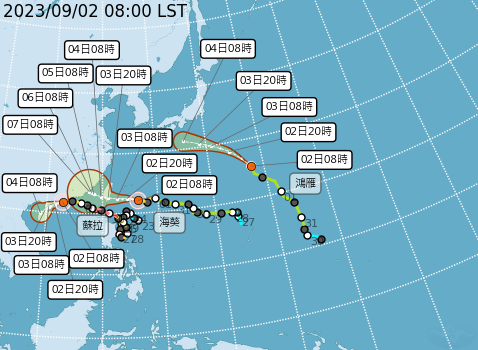 海葵在今(2)日上午11時半發布陸上颱風警報，目前路徑持續南修，預計從台東或屏東半島登陸。   圖：取自中央氣象局