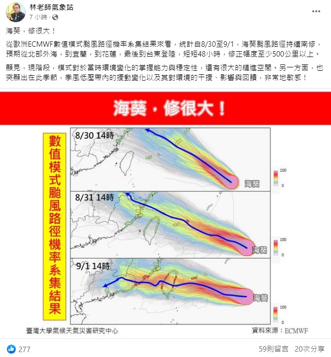 中颱「海葵」變化莫測，短短48小時，修正幅度至少500公里以上。   圖：翻攝自林老師氣象站