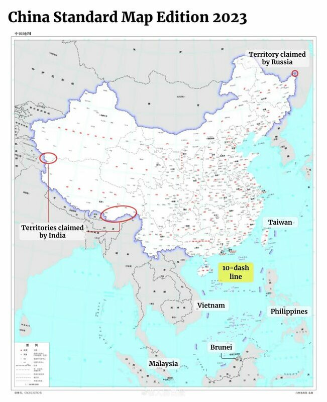 該地圖將印度東北部阿魯納查邦(中稱藏南區)，及與新疆接壤的阿克賽欽地區納入領土範圍而引發爭議。   圖：擷取自「X」（原推特）@JohnZhangSV