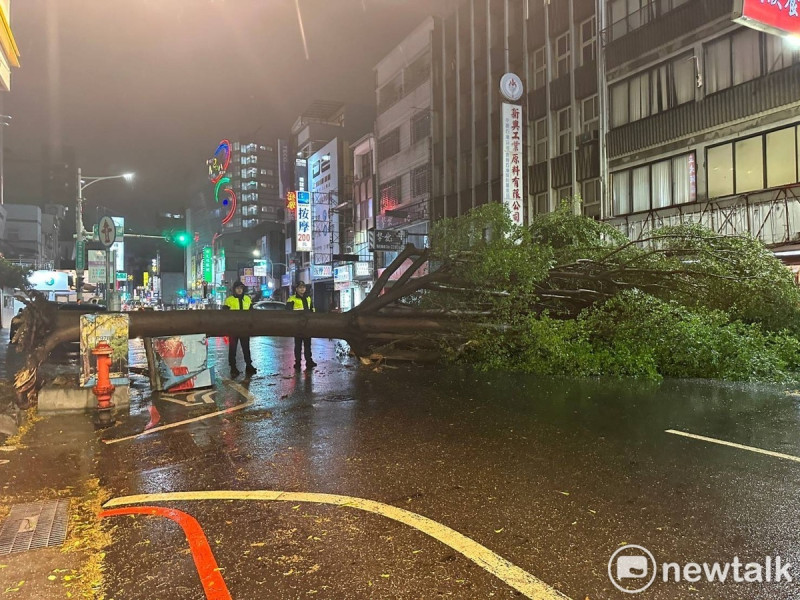 台南市民族路二段的樹木倒塌，因橫躺整個路面，交通完全中斷，在警方協助現場交管下，工務局人員花費兩個多小時將橫躺的樹木處理完成，恢復交通順暢。   圖：台南市政府提供