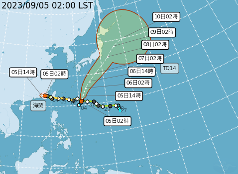 輕度颱風「海葵」持續向西進行，金門已脫離它的暴風圈範圍；菲律賓東北方海面新冒出熱帶性低氣壓TD14，有發展為輕度颱風的趨勢。   圖：中央氣象局／提供