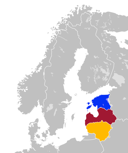 波羅的海三國，藍色為愛沙尼亞，紅色為拉脫維亞，黃色為立陶宛。   圖：翻攝自維基百科