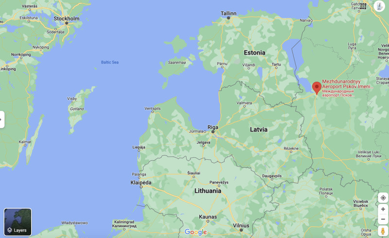 普斯科夫機場（紅色標示處）距離波羅的海三國邊境僅 10 多公里。   圖：翻攝自Google Map