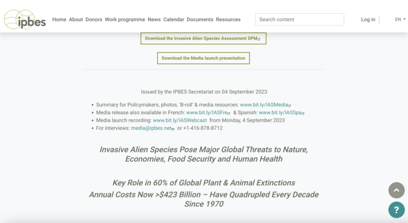 IPBES 4 日發佈一份耗時 4 年的報告指出全球外來種問題嚴重，以造成全球嚴重財損。   圖：翻攝自IPBES官網