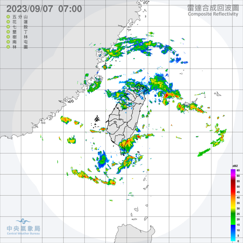 全台持續籠罩在滯留中國廣東海面的低氣壓範圍，今天部分地區仍有局部短暫陣雨或雷雨的降雨機率。   圖：中央氣象局／提供