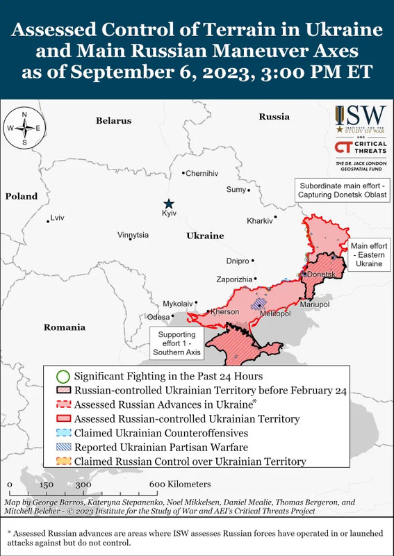 俄烏戰爭截止至 9 月 6 日最新地圖戰況，   圖：翻攝自X帳號@TheStudyofWar