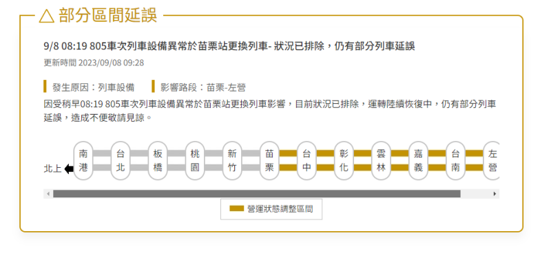 台灣高鐵於官網公告，因受805車次列車設備異常於苗栗站更換列車影響，部分列車延誤。   圖：翻攝自台灣高鐵公司官網