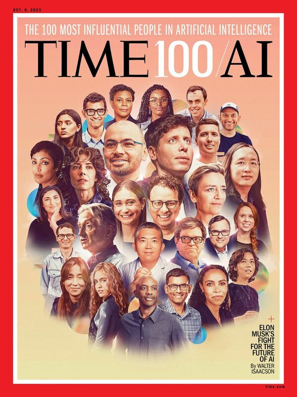 《時代》雜誌「全球AI前100大影響力人物榜」公布，我數位發展部長唐鳳（由上至下第三排右）入榜，更登上該雜誌封面，相當醒目。   圖：翻攝自TIME臉書