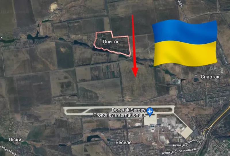 烏軍第 59 機械化旅士兵逐漸收復奧皮特涅村莊（紅框處）共 2.4 平方公里失土，並逐漸逼近頓涅茨克機場。   圖：翻攝自X／@Maks_NAFO_FELLA