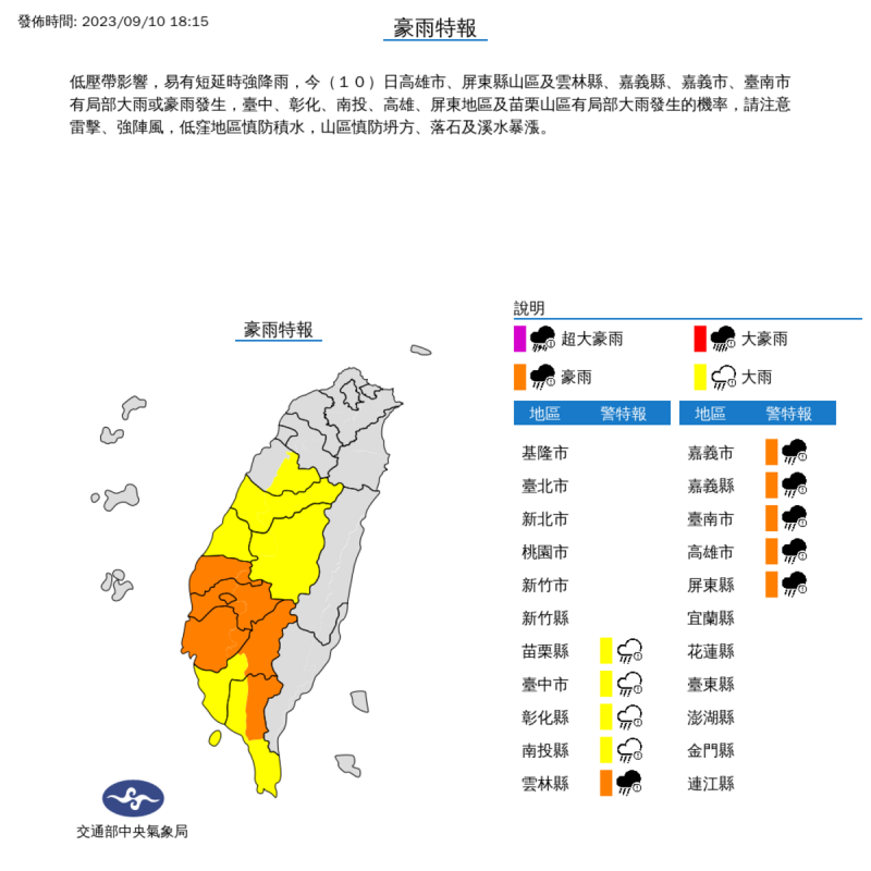 氣象局表示，今(10)日高雄市、屏東縣山區及雲林縣、嘉義縣、嘉義市、台南市有局部大雨或豪雨發生。   圖：氣象局／提供