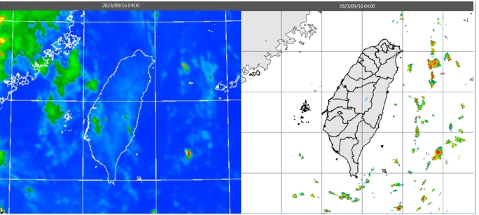 今(16日)晨4時外線色調強化雲圖顯示，各地晴朗無雲(左圖)。4時雷達回波合成圖顯示，各地無回波(右圖)。   圖/取自「三立準氣象.老大洩天機」