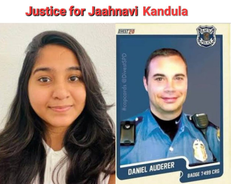 印度學生坎杜拉(圖左)在西雅圖被警車撞擊身亡。西雅圖警察協會副會長奧德雷爾(圖右)對此開玩笑，稱開張支票賠 11,000 美元就可以處理此事。   圖：翻攝自 Anshul Saxena X（前推特）帳號