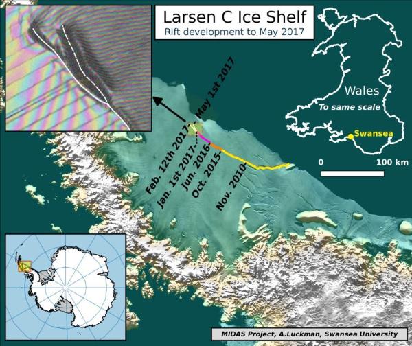 英國Swansea大學研究團隊發現南極拉森冰棚的裂縫持續擴大，尤其在2月變化劇烈，極可能形成新的巨大冰山。   圖：翻攝Swansea大學研究報告