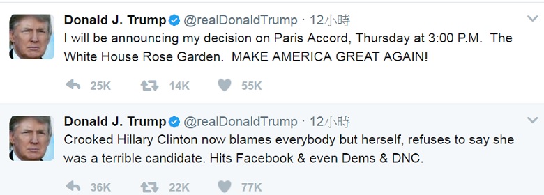 川普在推特發文表示，將於美東時間周四（6 月1日）下午3時（台灣時間周五凌晨3時），於白宮玫瑰花園宣布最終決定。   圖：翻攝川普推特