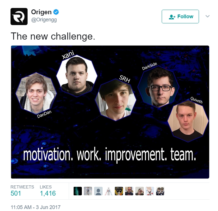歐洲戰隊Origen（OG）在官方推特宣布全新隊伍陣容，同時放上戰隊的宣傳圖，沒想到因為簡陋的美工而成為各戰隊惡搞的對象。   圖：翻攝自 Origen官方推特