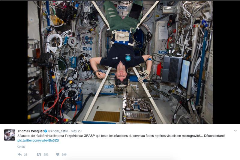 佩斯凱是第10位進入太空的法國人，他從國際太空站安 然返回地球後，須先接受連串醫學檢測，等待身體重新 適應地球上的重力，才能回家。 （截自佩斯凱推特）    圖:中央社