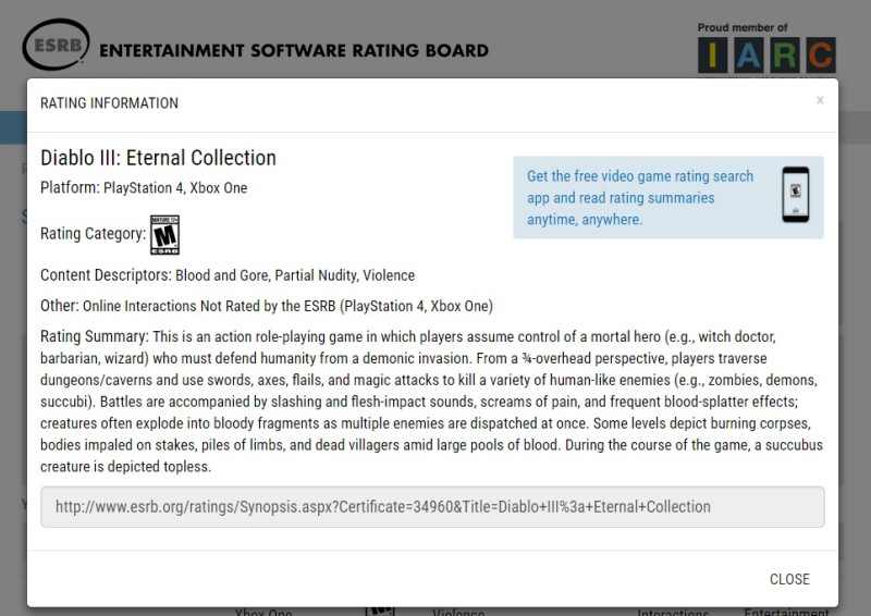 《暗黑破壞神III》巧登ESRB，而其平台僅限PS4和Xbox雙平台。   圖：翻攝自RSRB
