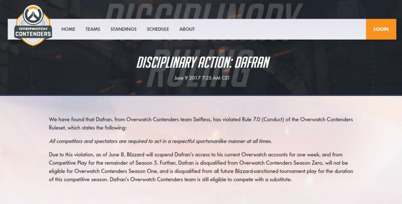 今日（9）暴雪娛樂宣布將處罰《鬥陣特攻》職業選手「dafran」Daniel Francesca之聲明。   圖：翻攝自 暴雪娛樂