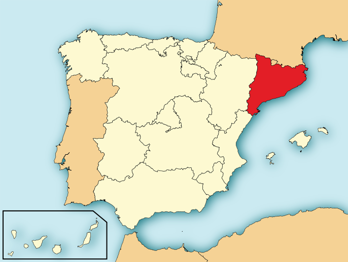 加泰隆尼亞（紅色部分）在西班牙的位置。   圖：翻攝維基百科