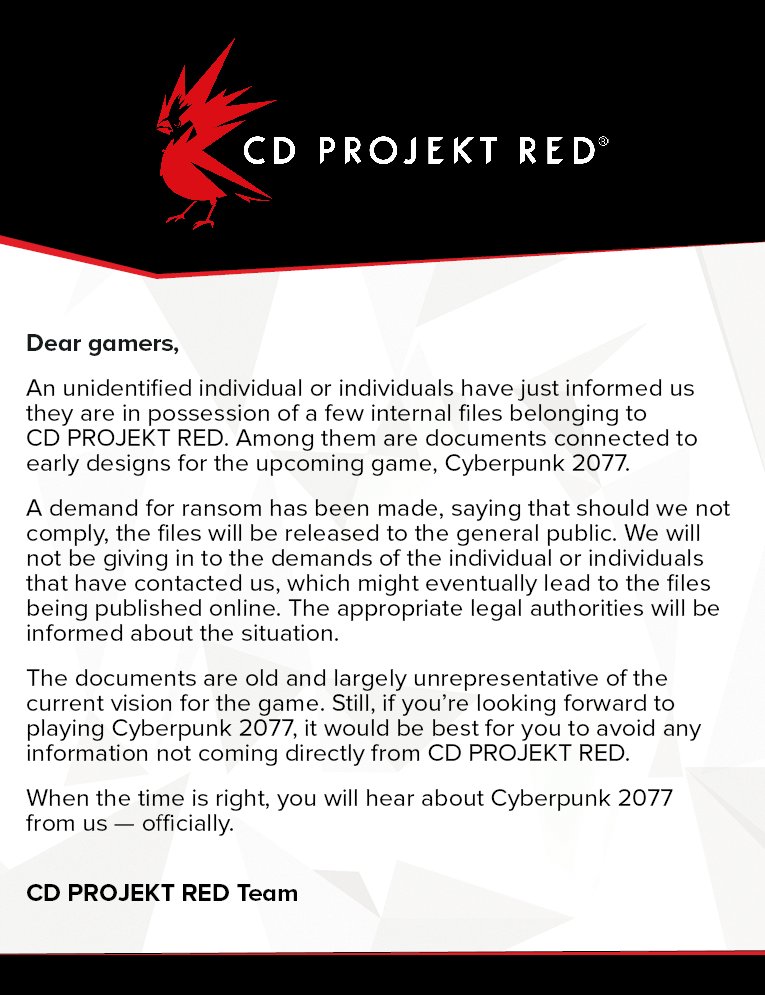 CD Projekt RED在推特發佈聲明，並呼籲玩家不要聽信外面的資訊。   圖：翻攝自CD Projekt RED推特