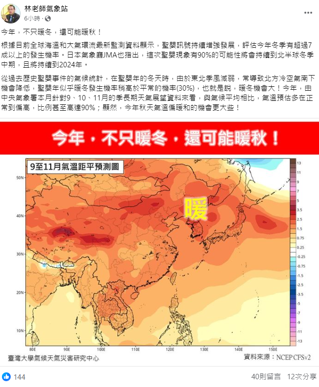 在聖嬰年的冬天時，由於東北季風減弱，常導致北方冷空氣南下機會降低，聖嬰年似乎暖冬發生機率稍高於平常的機率30％。   圖：翻攝自林老師氣象站