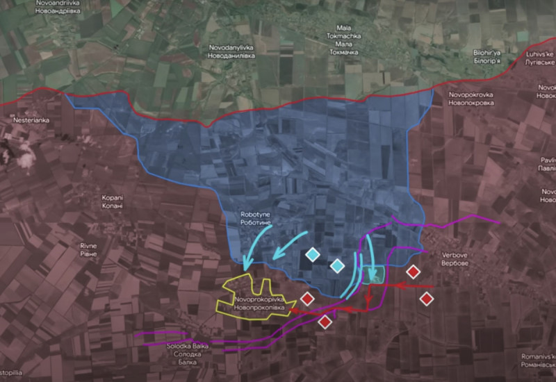 烏軍持續朝韋爾博韋、新普羅科皮夫卡（左黃框處）兩村莊進攻，並試圖切斷俄軍在兩村莊中的補給線（紅線）。   圖：翻攝自YouTube ／Reporting from Ukraine