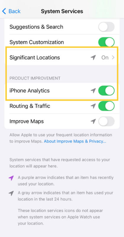 Mysk表示使用者可以自行操作手機檢查，將「重要位置」及｢iPhone 分析」功能手動關掉。   圖：翻攝自Mysk X