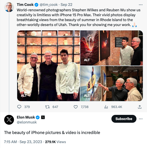 著名攝影師斯蒂芬．威爾克斯(Stephen Wilkes)和魯本．吳(Reuben Wu)用iPhone 15 Pro Max拍攝的照片，吸引馬斯克留言大讚，「這些用iPhone拍的照片和影像美到不可思議！」   圖：取自馬斯克的X(推特)