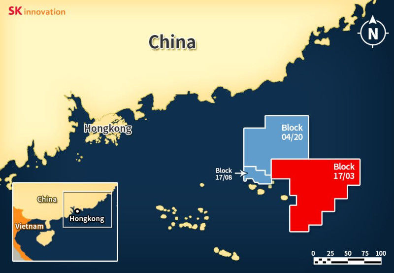 韓商「SK earthon」2015年與中國CNOOC簽約開發的「17/03區塊」位置。   圖：翻攝SK innovation官網