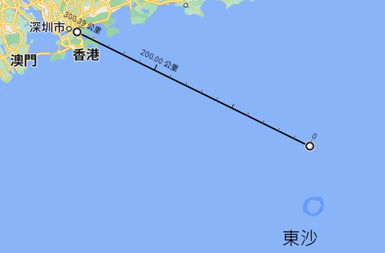 韓商「SK earthon」開發的「17/03區塊」海上油田礦區，約深圳約300公里，距台灣兵力駐守的東沙島約40公里。   圖：Google Map截圖