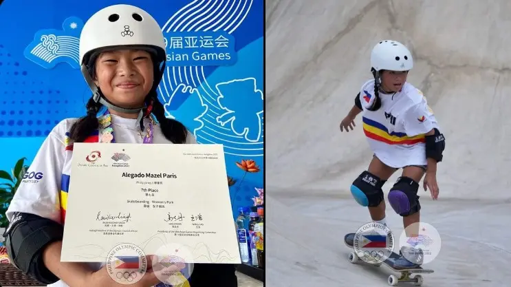 菲律賓9歲滑板神童Mazel Paris Alegado，成為杭州亞運最幼齒選手。   圖取自X @OneSportsPHL