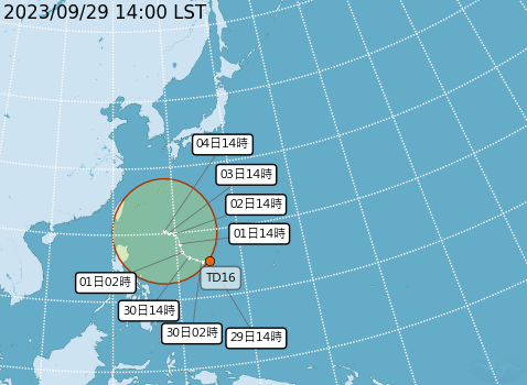台灣東南方有個熱帶性低氣壓TD16今(29)天生成，最快有可能會在明(30)日成為今年第14號颱風「小犬」。   圖：取自中央氣象署