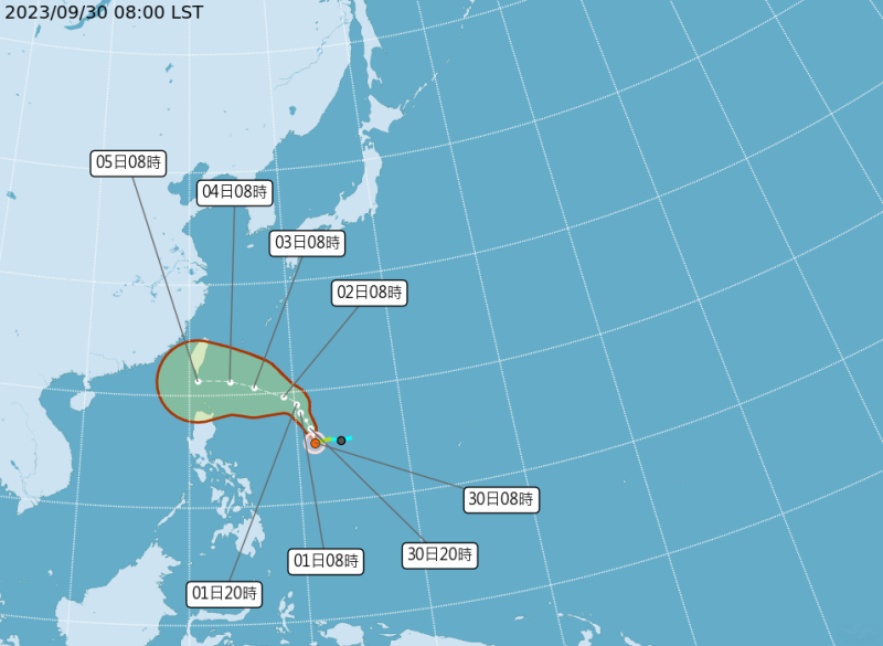 今(30)日凌晨小犬颱風生成，目前位於北緯 15.3 度，東經 131.6 度，以每小時13公里速度，向北進行。   圖：翻攝自中央氣象署官網