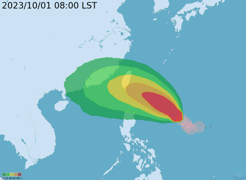 因目前暴風圈侵襲機率近7成，最快可能下週二就會發布海上颱風警報。   圖：翻攝自中央氣象署