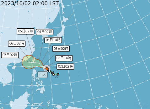中度颱風「小犬」 今天凌晨2時在鵝鑾鼻東南東方860公里海面上，以每小時13公里的速度，向西北轉西北西進行，持續接近台灣。   圖：中央氣象署／提供