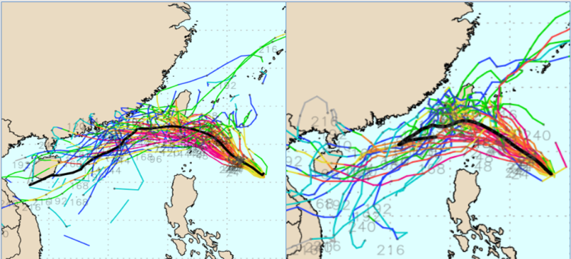 最新(1日20時)歐洲(ECMWF)系集模式模擬(左圖)顯示，「小犬」的系集平均路徑，以偏西方向通過台灣南端附近。   圖：翻攝自老大洩天機專欄