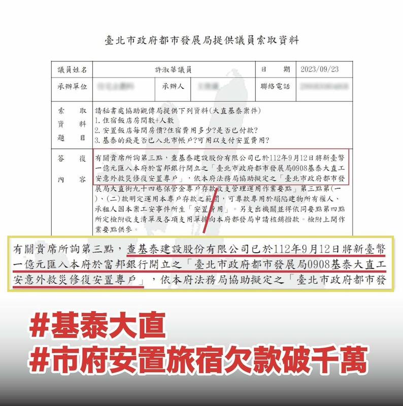 民進黨台北市議員許淑華貼出北市都發局回函基泰大直受災戶安置議題   圖：許淑華臉書