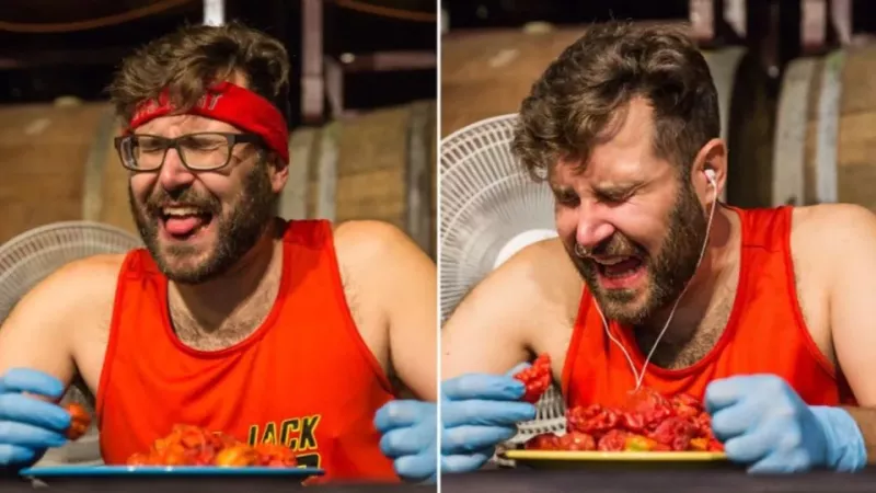 傑克在 1 小時 8 分鐘內，就吃掉 135 個世界上最辣的辣椒，打破了他保持的最短時間內吃掉 50 個死神辣椒的世界紀錄。   圖：翻攝自@mikejackeatsheat IG