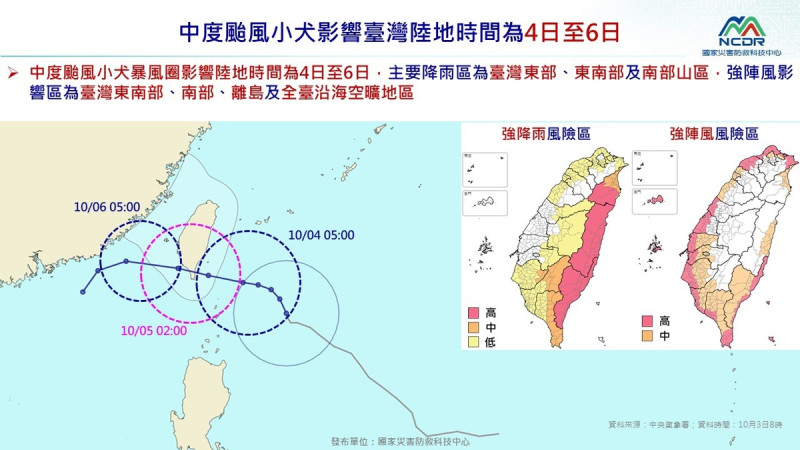小犬颱風預計明(4)天清晨暴風圈觸陸，後天颱風中心登陸台灣。   圖：取自國家災害防救科技中心