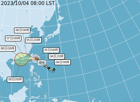 小犬颱風的暴風圈已於今早觸陸，中央氣象署也擴大陸警的範圍。   圖：取自中央氣象署