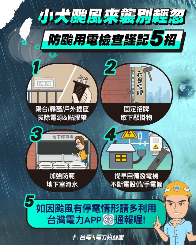 小犬颱風明天登陸，台電醒颱風前用電檢查5招。   圖：取自台電電力粉絲團