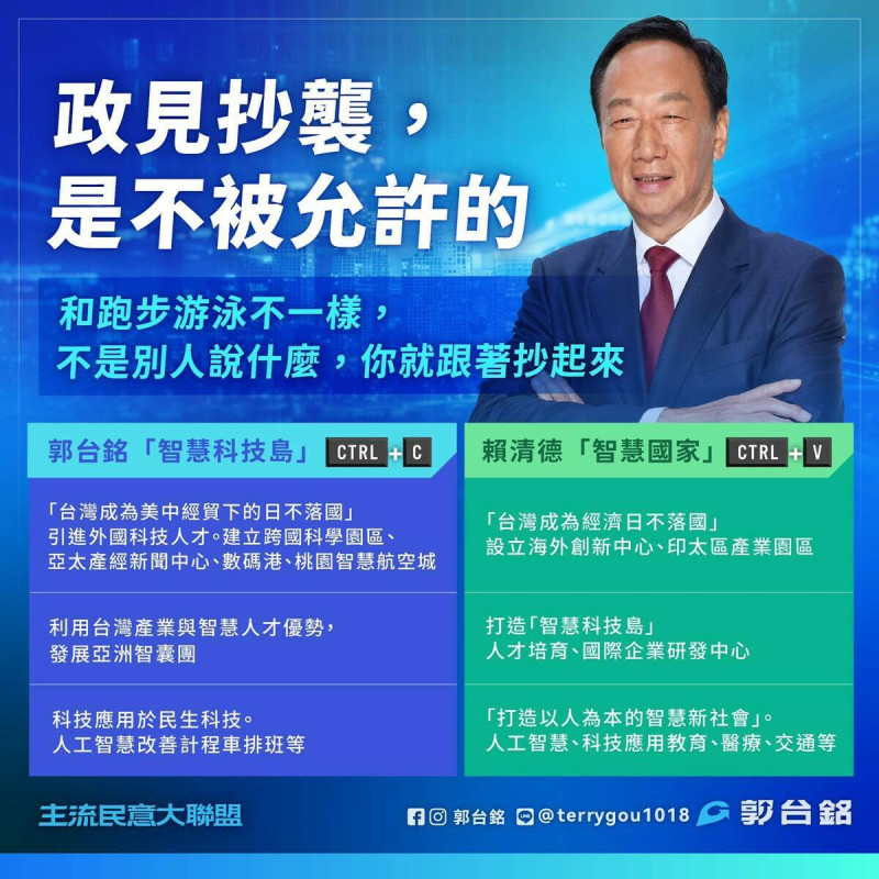 鴻海創辦人郭台銘批評「選個總統還抄襲政見，這是不被允許的」。   圖：翻攝郭台銘臉書