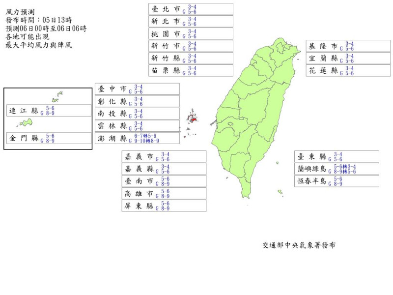 風力只有澎湖勉強擦邊達到颱風假放假標準。   圖：取自中央氣象署