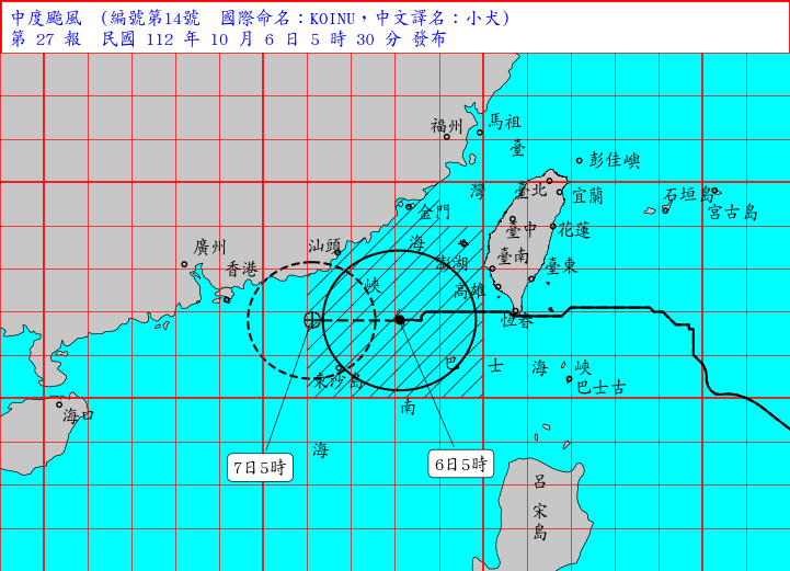 中度颱風「小犬」目前在鵝鑾鼻的西方約290公里海面上，持續向西緩慢前進。   圖：中央氣象署／提供