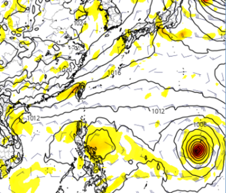 根據最新歐洲模式10日20時模擬圖顯示，熱帶擾動在呂宋島東側發展並向西移動，另一擾動則在關島附近醞釀。   圖：翻攝自老大洩天機專欄