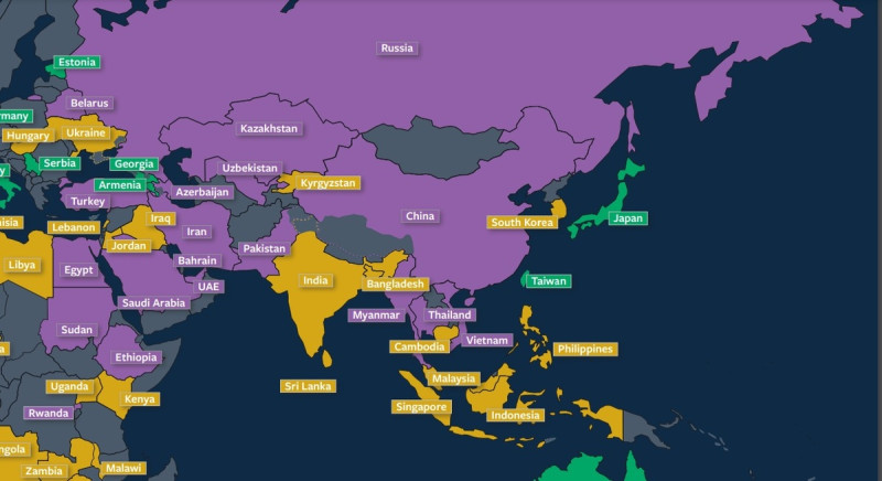 2023年網路自由度的報告顯示，台灣與日本是亞洲國家中唯二自由度高的國家，而紫爆的中國已經是連續9年倒數第一。   圖：翻攝自Freedom House官網