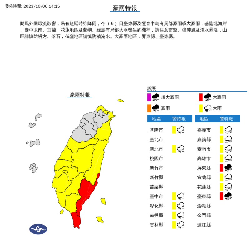 氣象署對全台14縣市發布豪大雨特報。   圖：取自中央氣象局